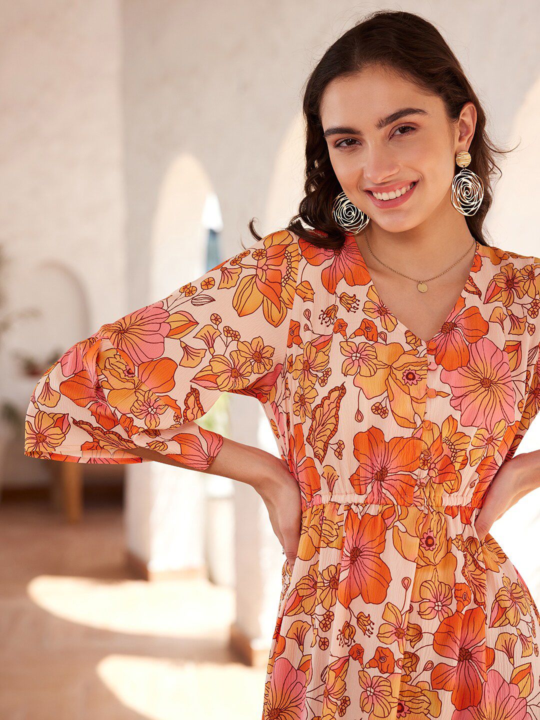 STREET 9 Floral Printed Bell Sleeves Georgette Maxi Dress