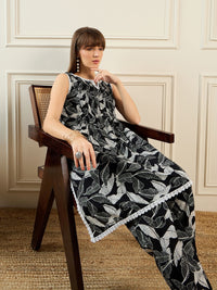 Indo Era Floral Printed Notch Neck Pure Cotton A-Line Kurta With Trouser