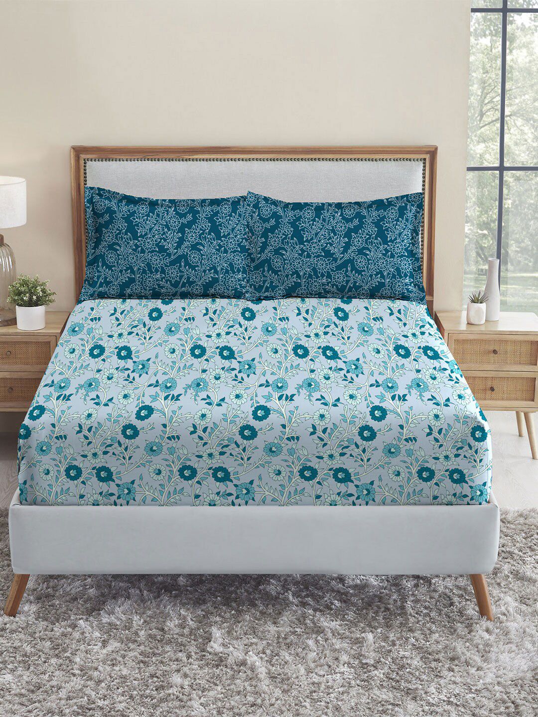 TRIDENT Desert Gardern Blue Urban Comfort Flat 144TC Queen Cotton Bedsheet Set
