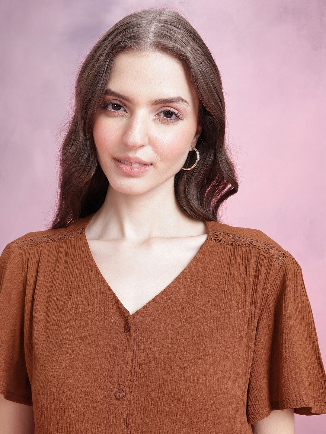 DressBerry Flutter Sleeve Crinkle Effect Shirt Style Top