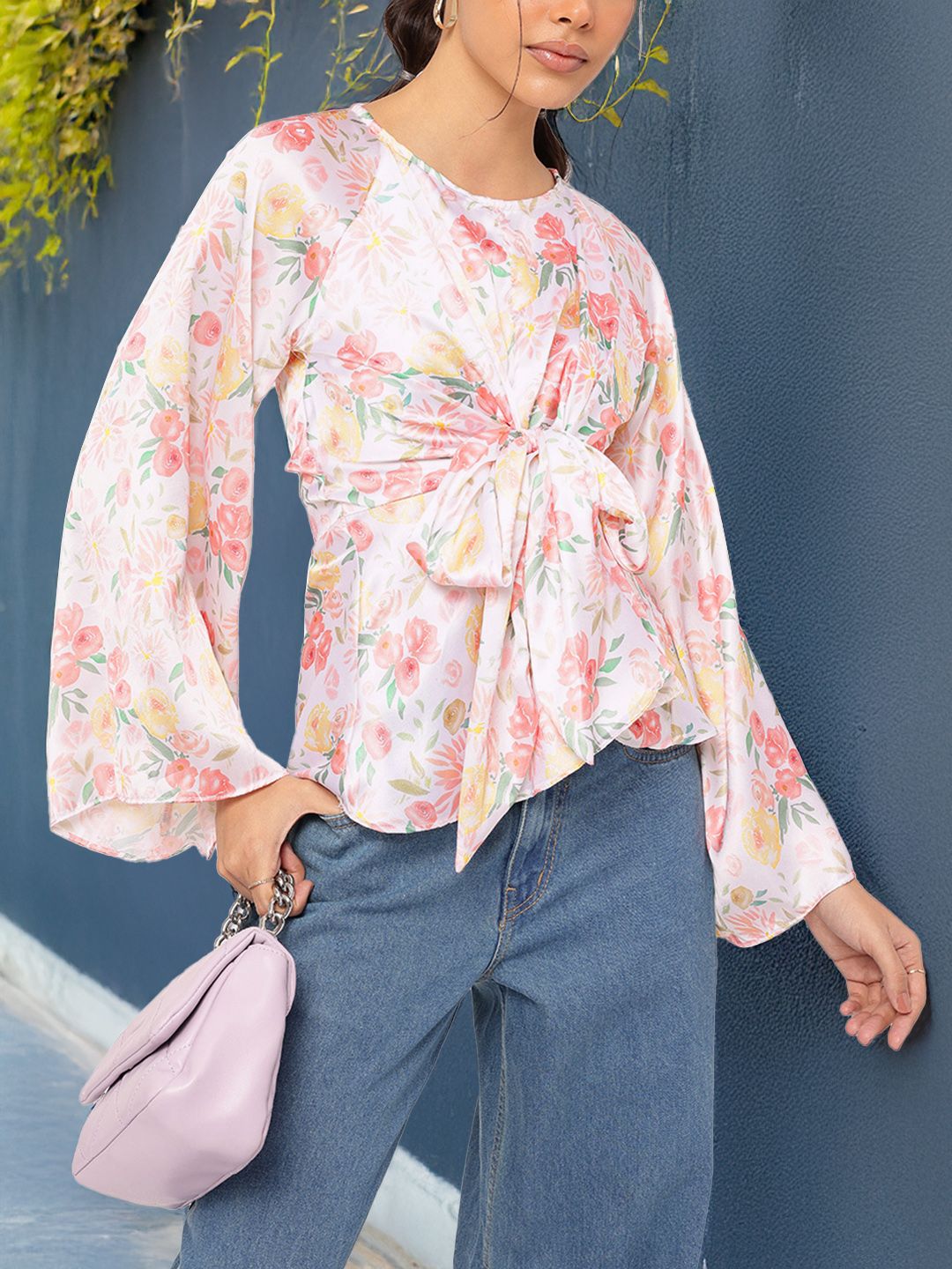 DressBerry Glam Groove Floral Printed Tie-Up Flared Sleeve Top