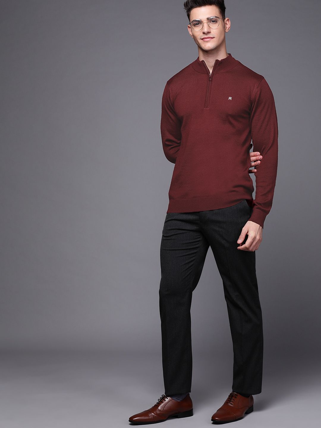 Raymond Men Maroon Solid Pullover Sweater