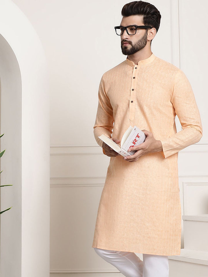 SOJANYA Woven Design Mandarin Collar Cotton Linen Kurta