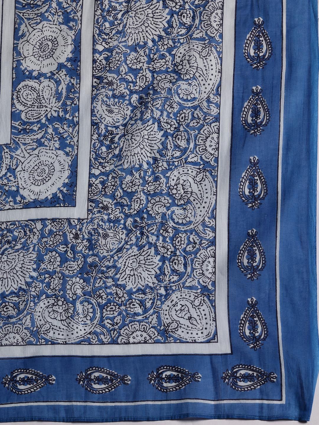 Libas Blue Floral Printed Round Neck Pure Cotton Straight Kurta With Salwar & Dupatta