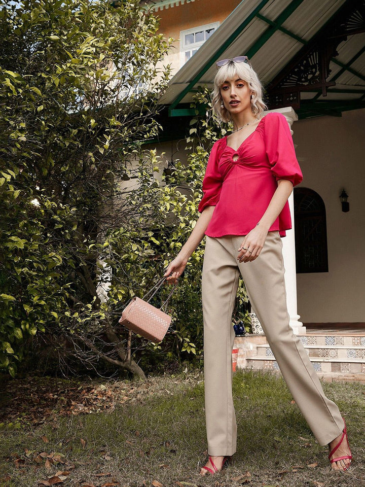 SASSAFRAS V-Neck Puff Sleeves Peplum Top
