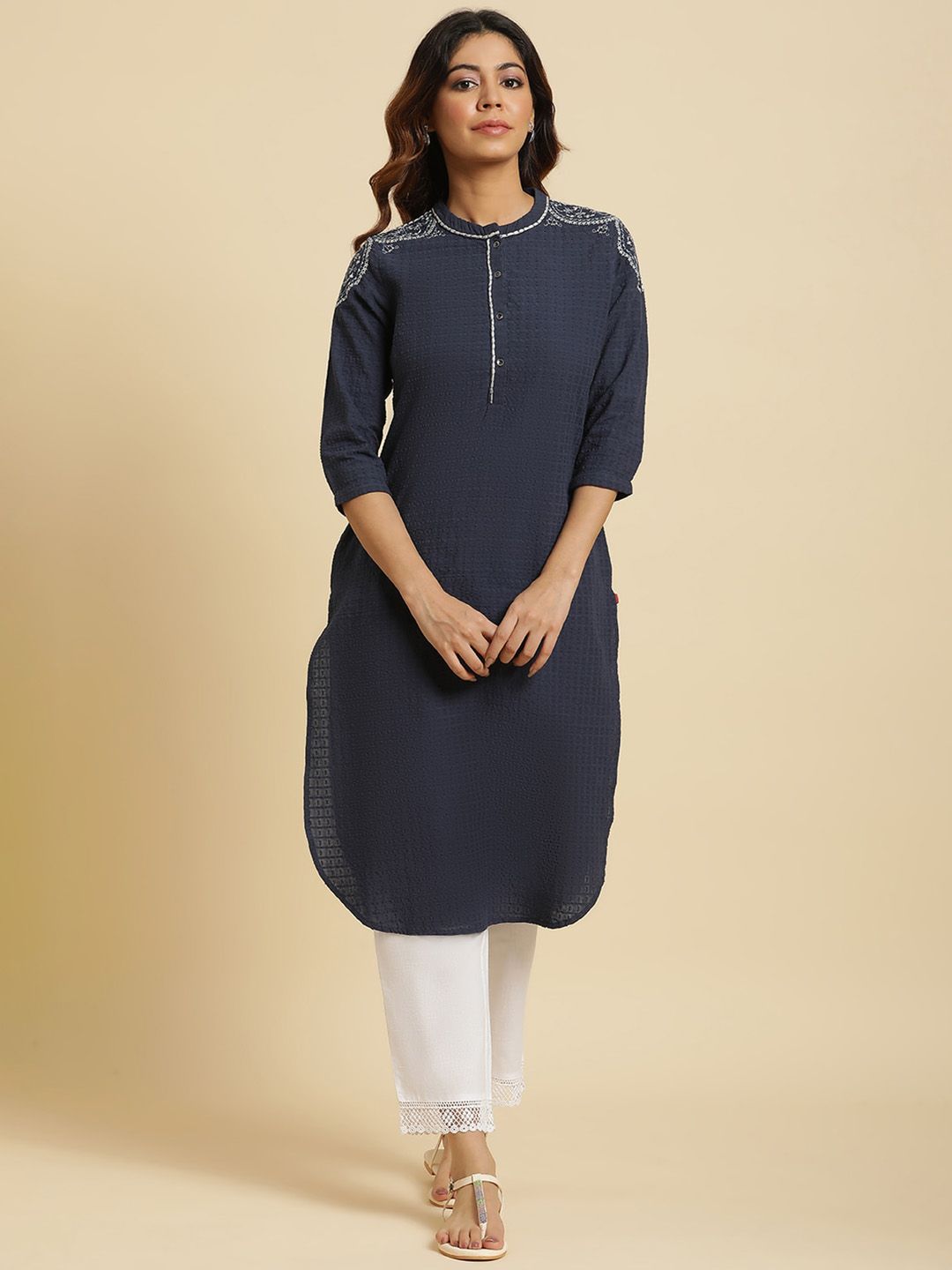 W Floral Embroidered Mandarin Collar Cotton Regular Kurta