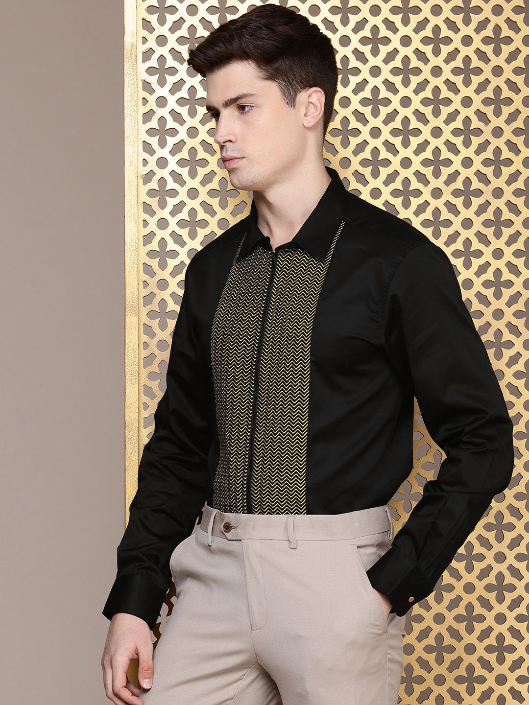 House of Pataudi Pure Cotton Zari Work Chevron Opaque Party Shirt