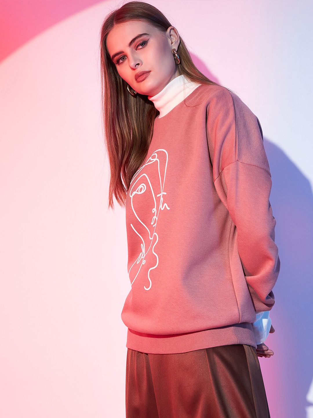 STREET 9 Graphic Printed Turtle Neck Pullover Sweatshirt
