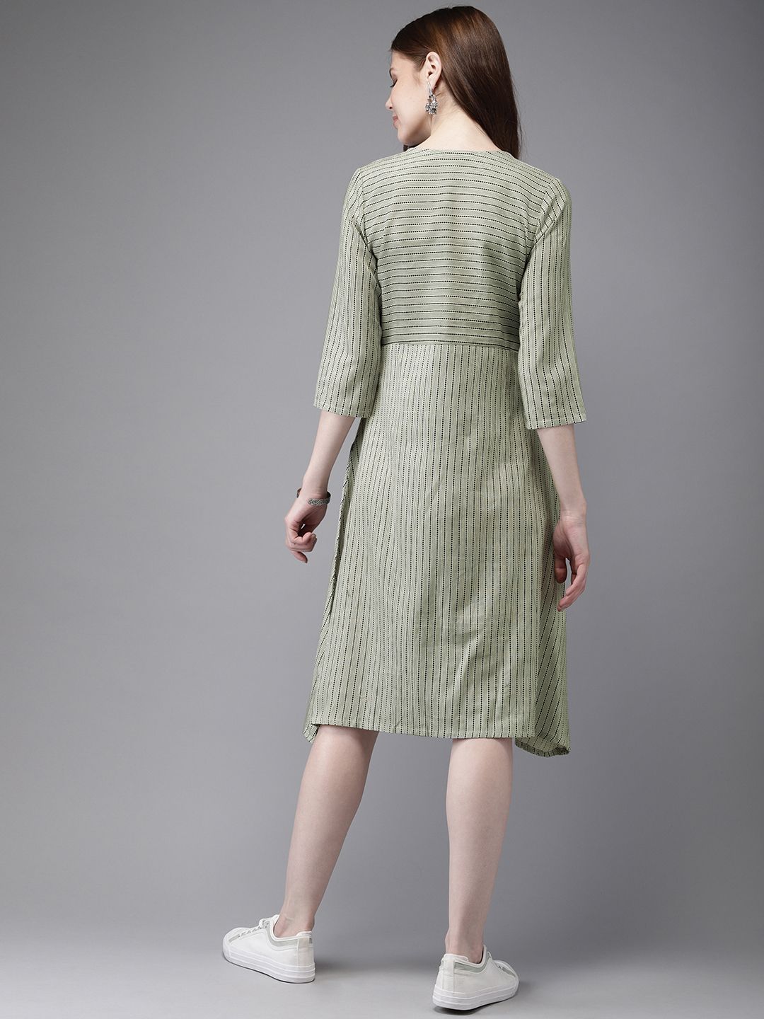 Anouk Women Olive Green & Off-White Printed A-Line Fusion Kurta