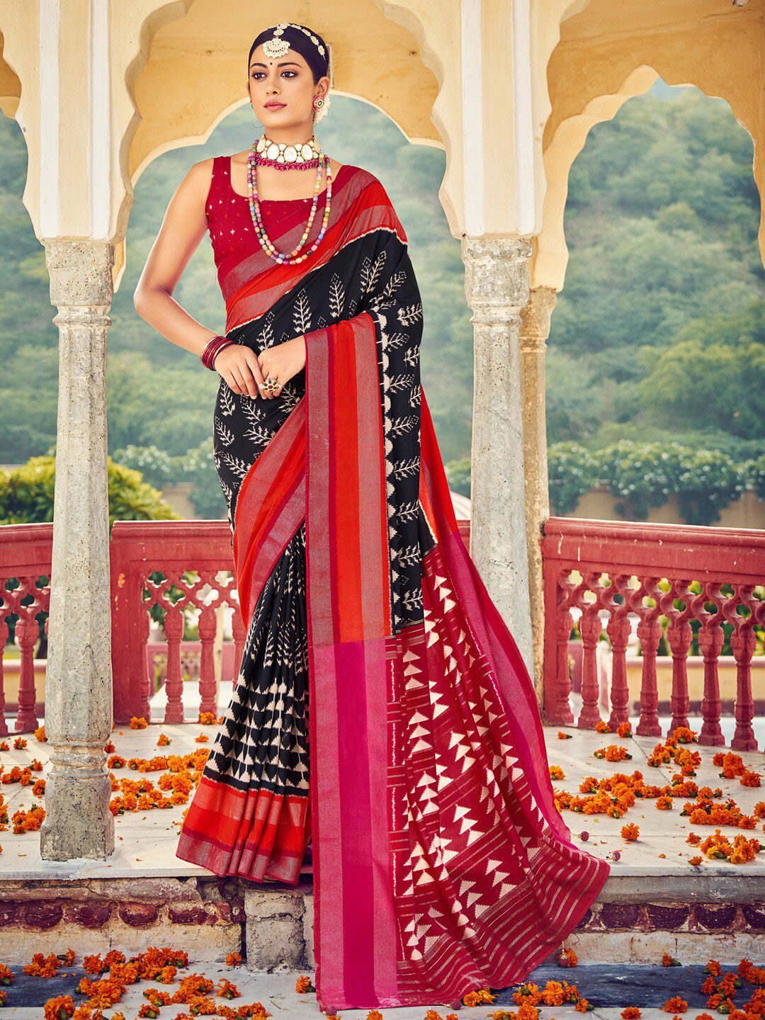 Saree mall Ethnic Motifs Printed Zari Ikat Sarees