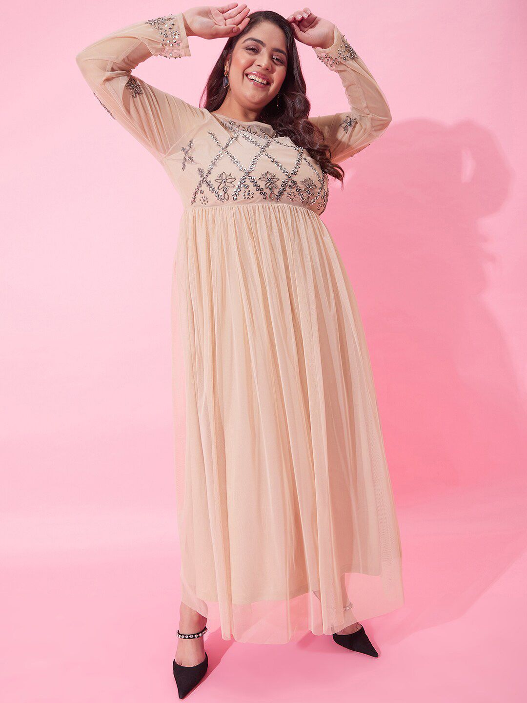 CURVY STREET Embellished Fit & Flare Net Dress