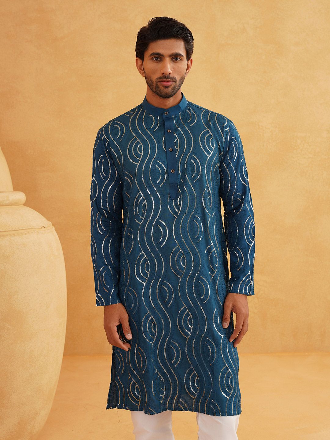 SOJANYA Geometric Embroidered Sequined Pure Cotton Kurta with Churidar