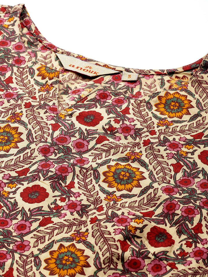 Anouk Floral Print Pure Cotton High-Low Kurta with Trousers