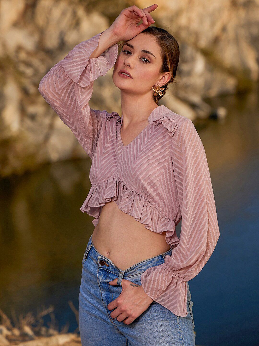 Athena Self Design Ruffles Georgette Crop Top