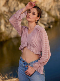 Athena Self Design Ruffles Georgette Crop Top