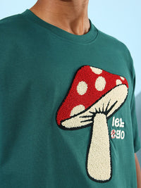 DILLINGER Men Green & Red Embroidered Oversized Pure Cotton Longline T-shirt