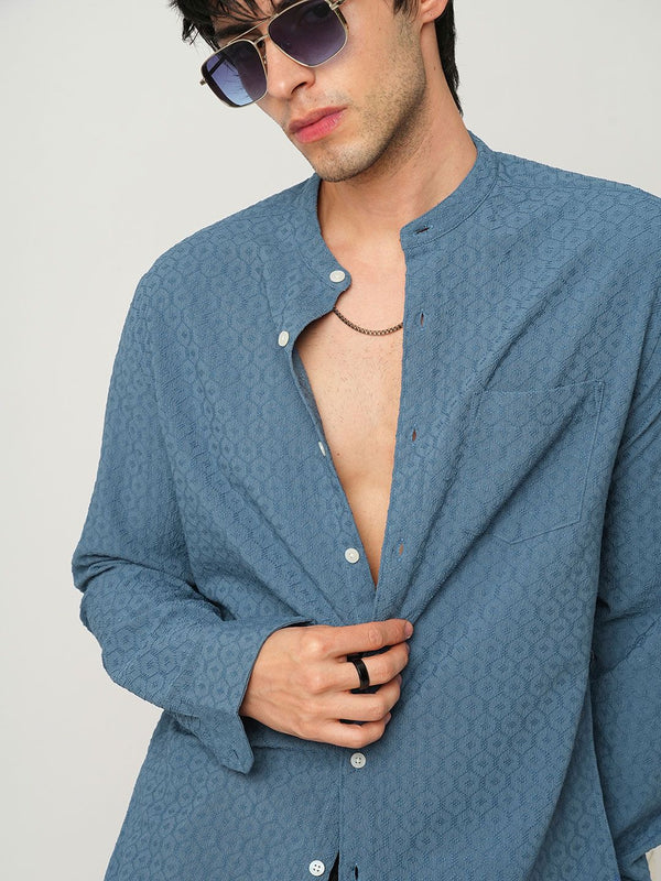 VASTRADO Men Classic Band Collar Textured Slim Fit Casual Shirt