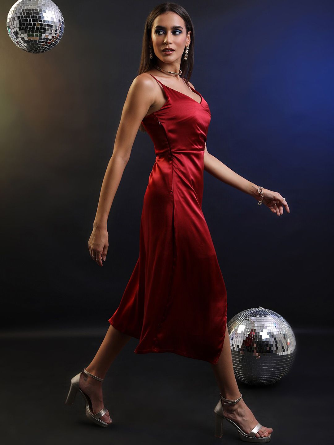 Tokyo Talkies Ruched Women Satin Overlapping Midi Length Strappy Satin Dress