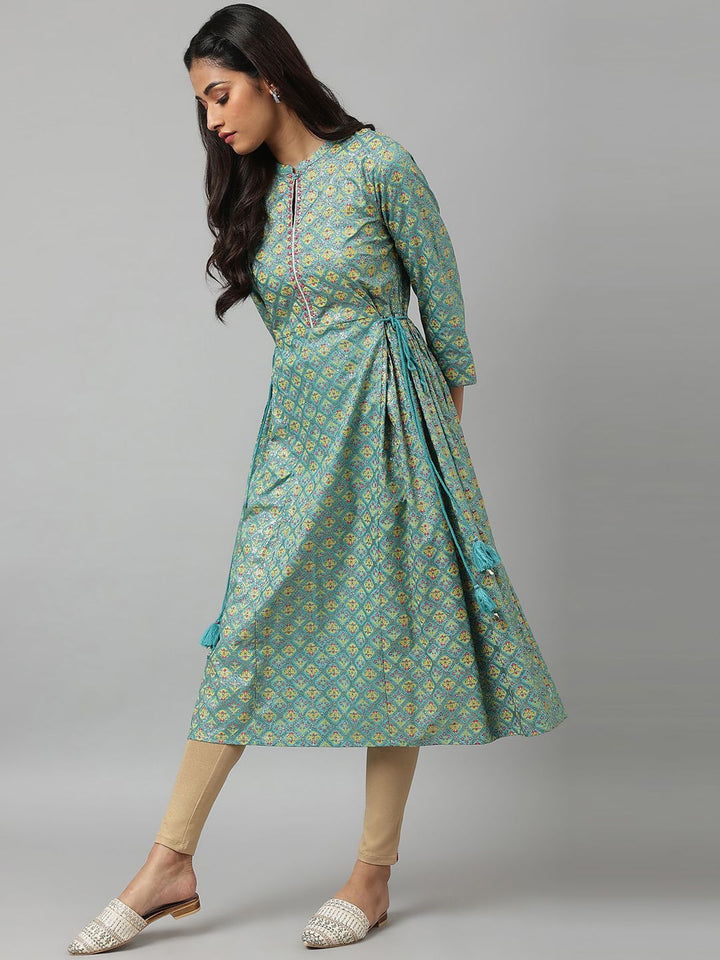 W Women Blue & Yellow Ethnic Motifs Printed Anarkali Kurta