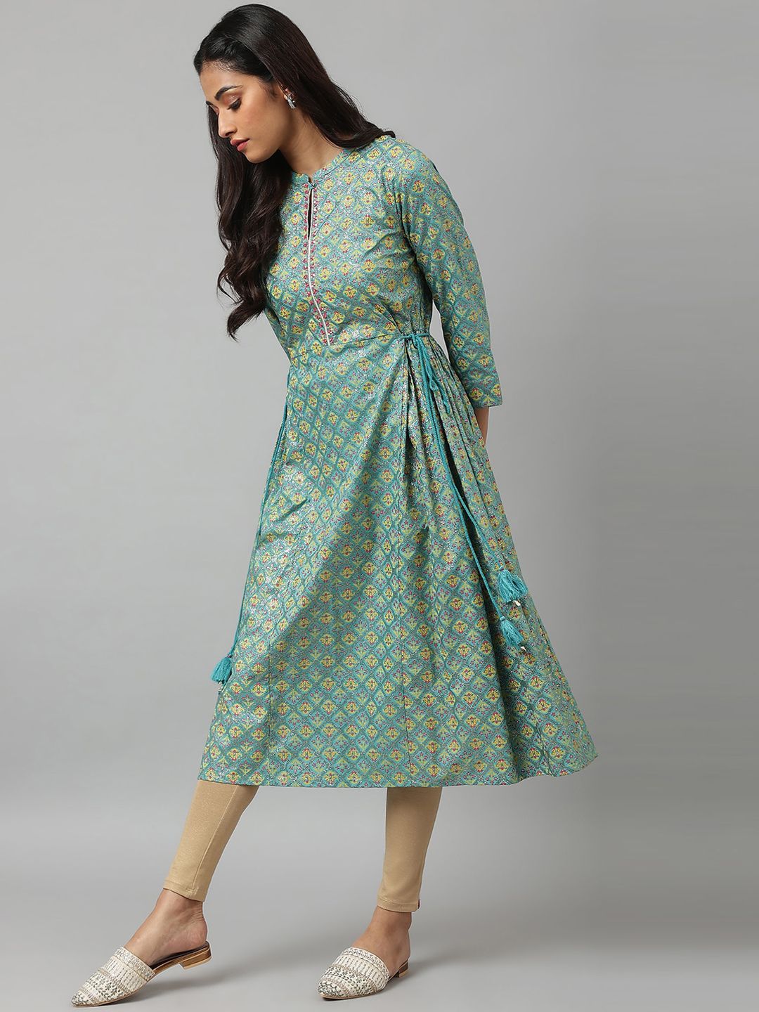W Women Blue & Yellow Ethnic Motifs Printed Anarkali Kurta