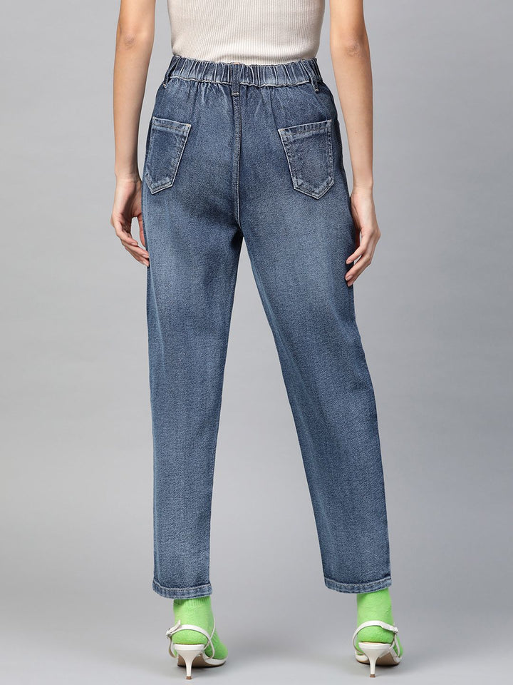 SASSAFRAS Women Blue Cotton Relaxed Fit High-Rise Highly Distressed Stretchable Crop Jeans