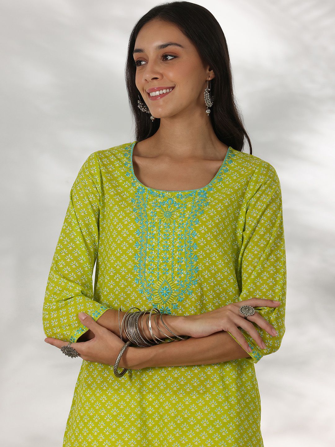 Libas Floral Printed Round Neck Thread WorkCotton Straight Kurta