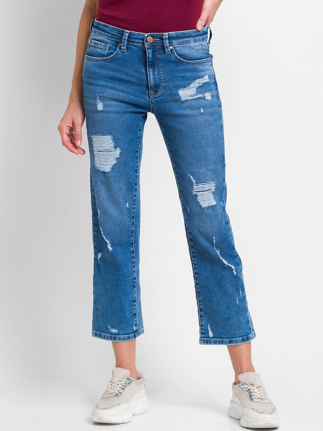 SPYKAR Women Blue Straight Fit Mildly Distressed Light Fade Jeans