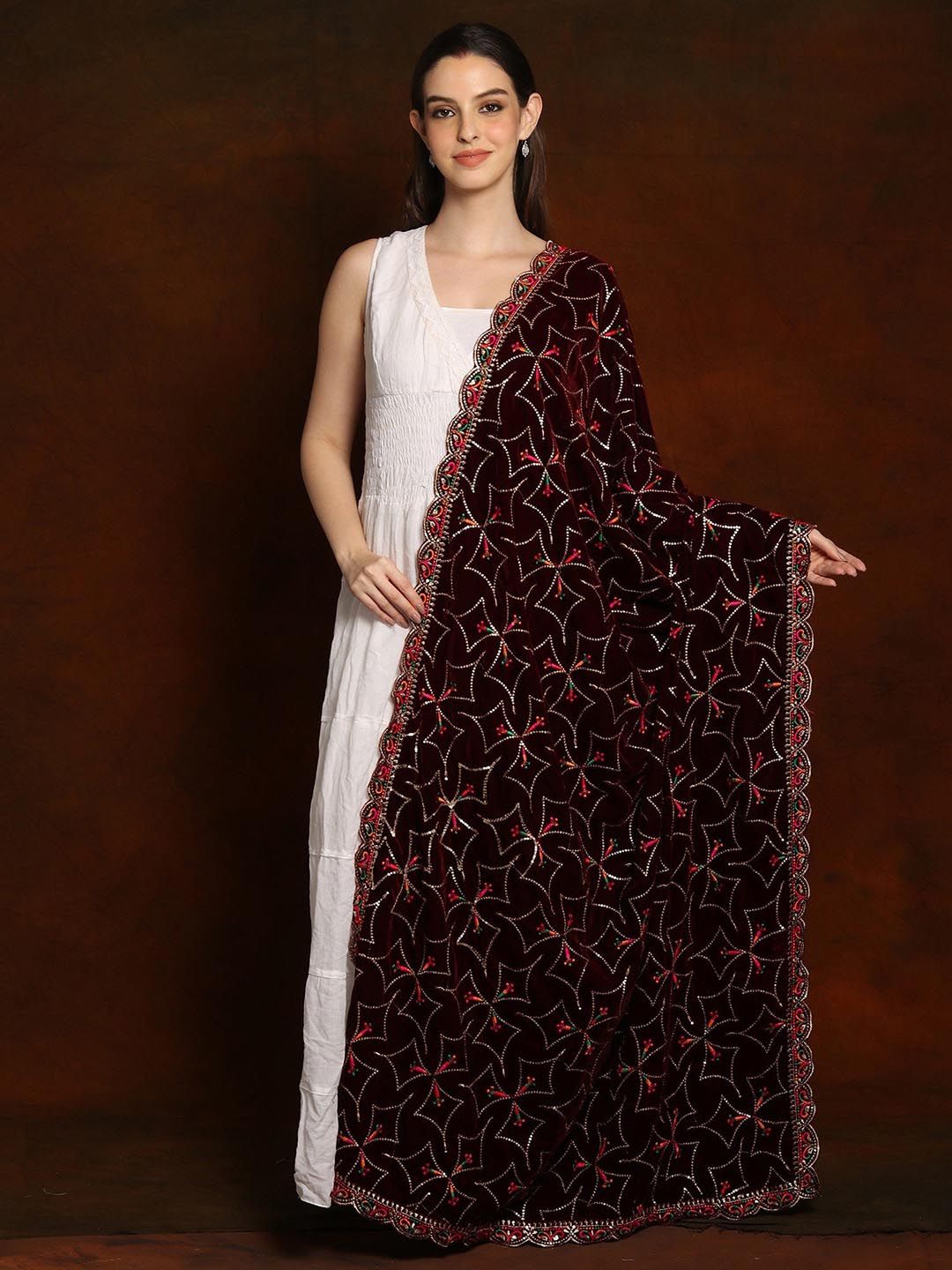 Exotic India Cabernet Velvet Dupatta with Zari and Sequinned Diamond Pattern