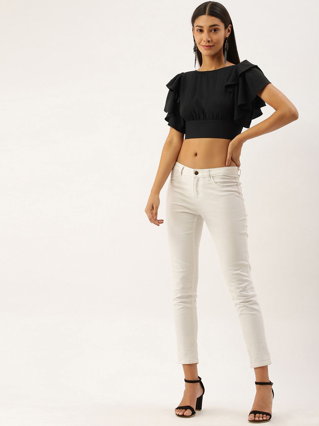 Berrylush Black Ruffles Crepe Styled Back Crop Top