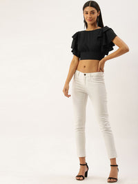 Berrylush Black Ruffles Crepe Styled Back Crop Top