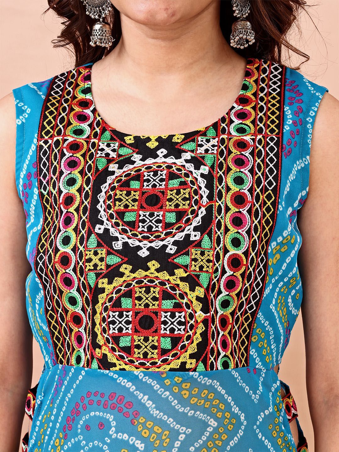 KALINI Bandhani Printed Round Neck Thread Work Georgette Straight Kurta