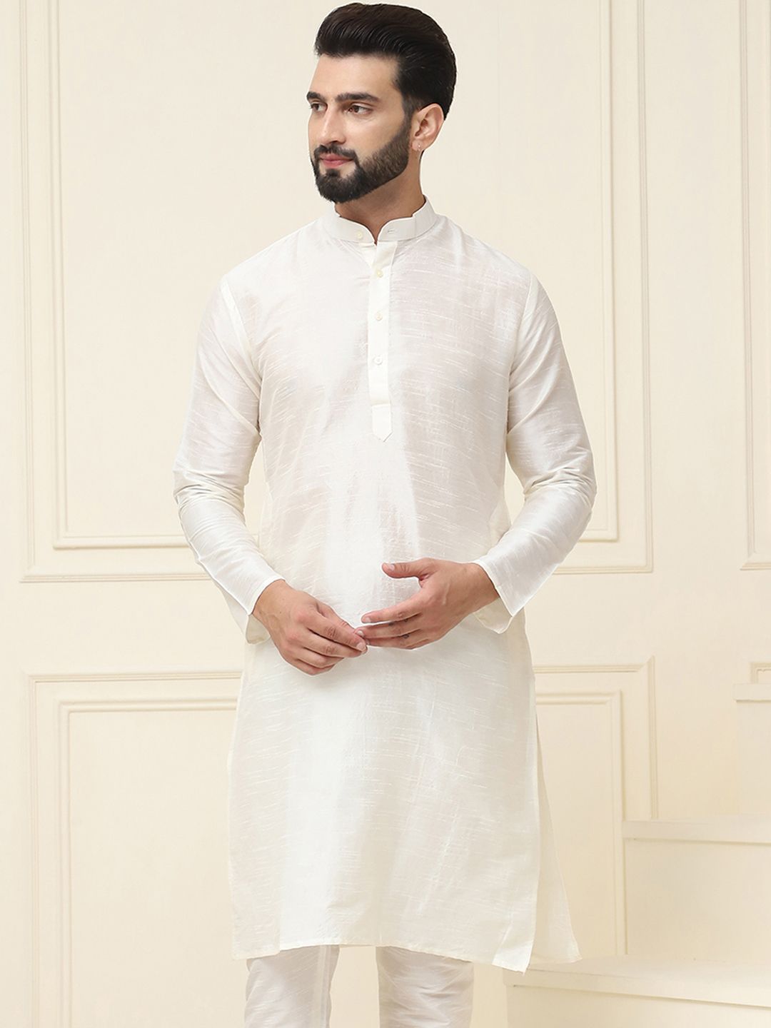 SOJANYA Men Off White Solid Jacquard Kurta