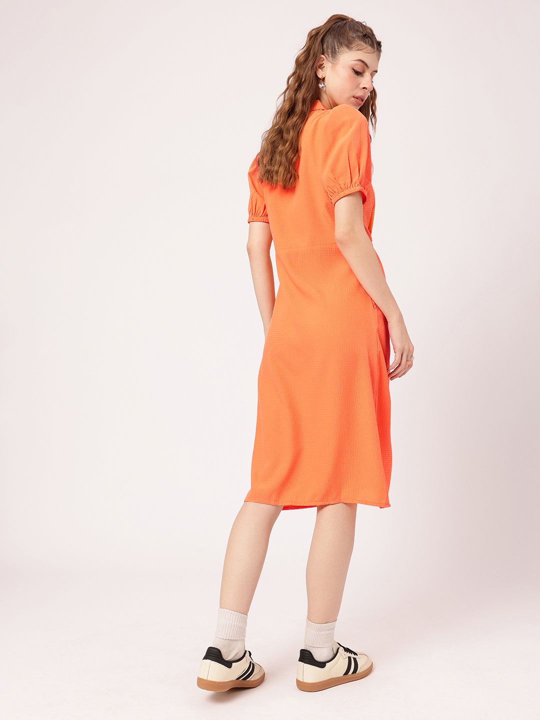 DressBerry Tangerine Pleated Seersucker Shirt Style Dress