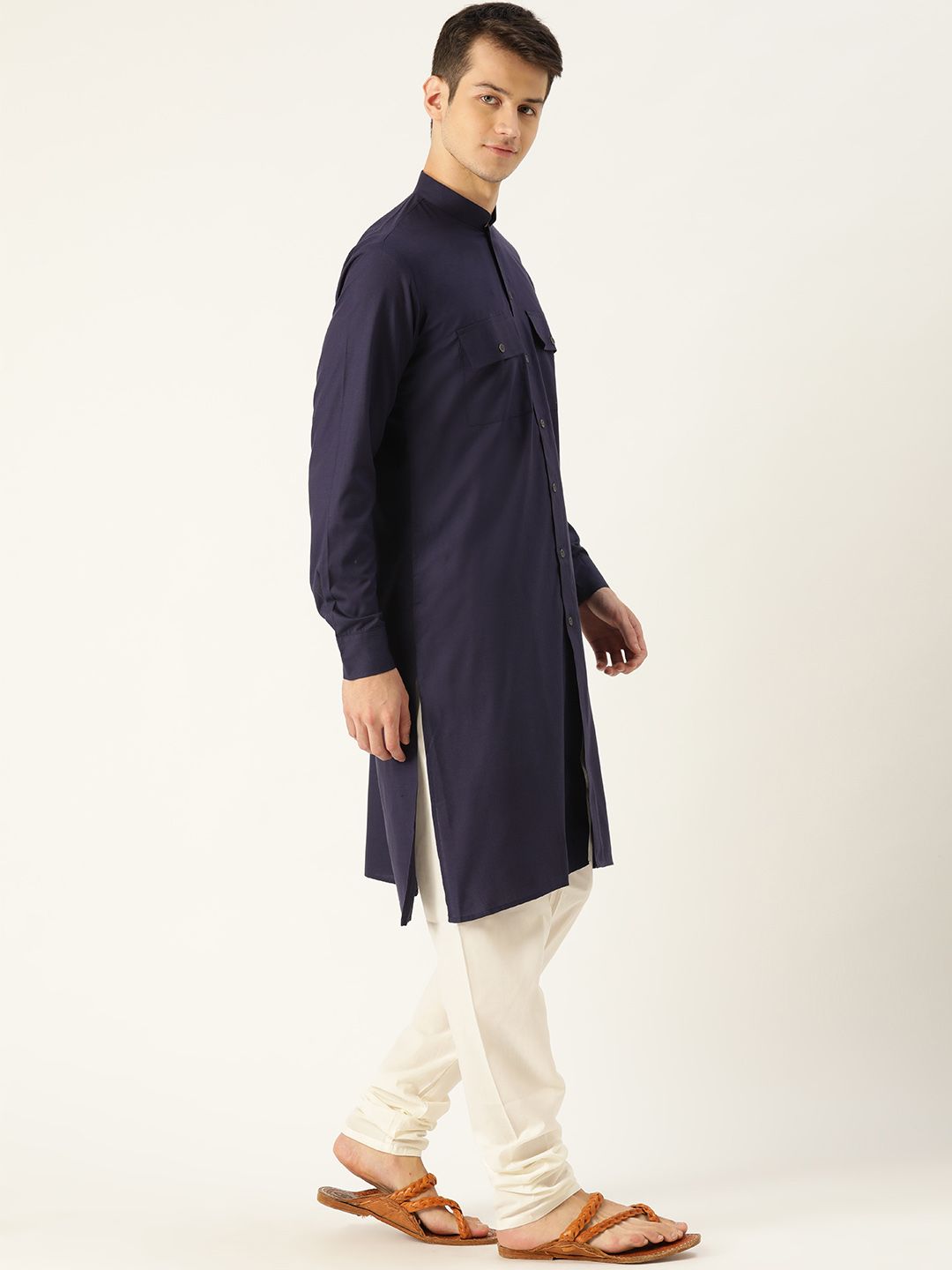 SOJANYA Lelaki Navy Blue Solid Kurta Lurus