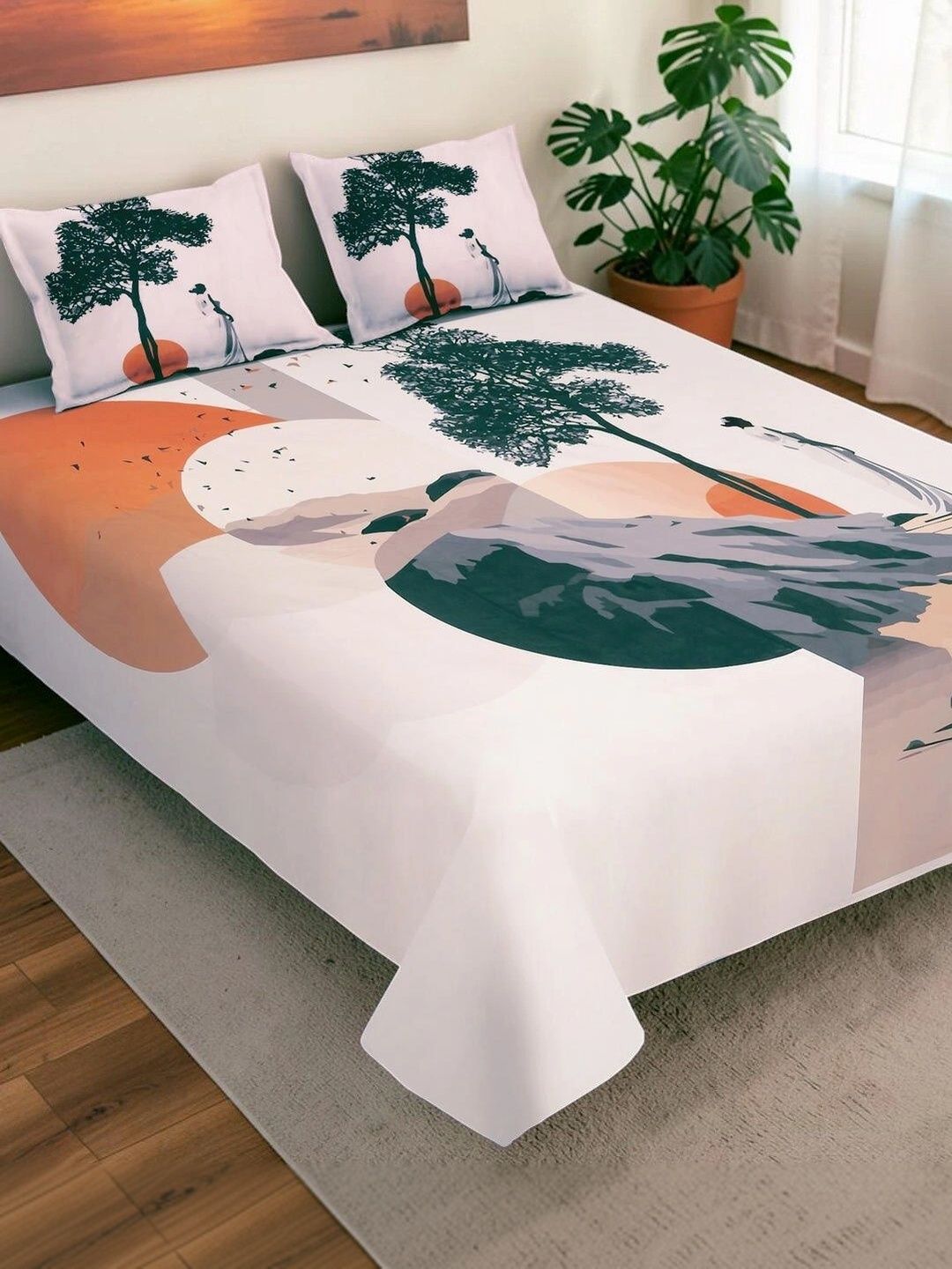Moda Rapido X KLOTTHE Cream-Coloured & White 400 TC King Bedsheet with 2 Pillow Covers