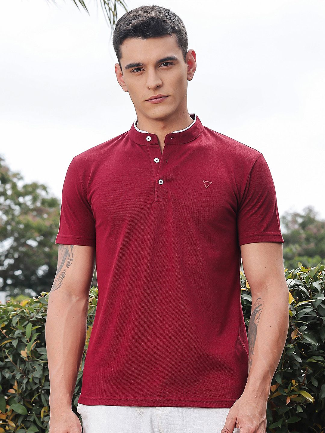 Thomas Scott Men Solid Mandarin Collar Knitted T-Shirt