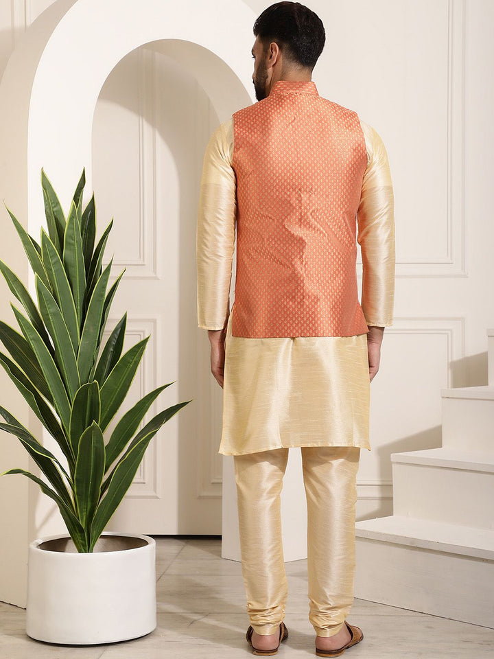 SOJANYA Men Solid Kurta with Churidar & Woven Design Nehru Jacket