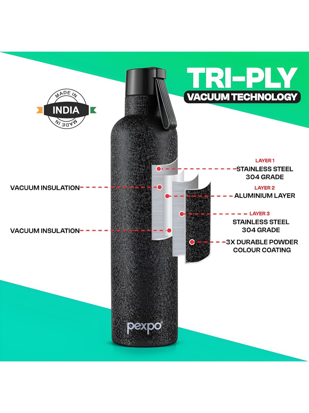 Pexpo Oslo Black ISI Certified Thermosteel Hot and Cold flask Insulated Water Bottle1000ml
