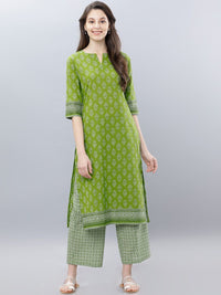 Vishudh Women Green & White Printed Kurti with Palazzos & Dupatta