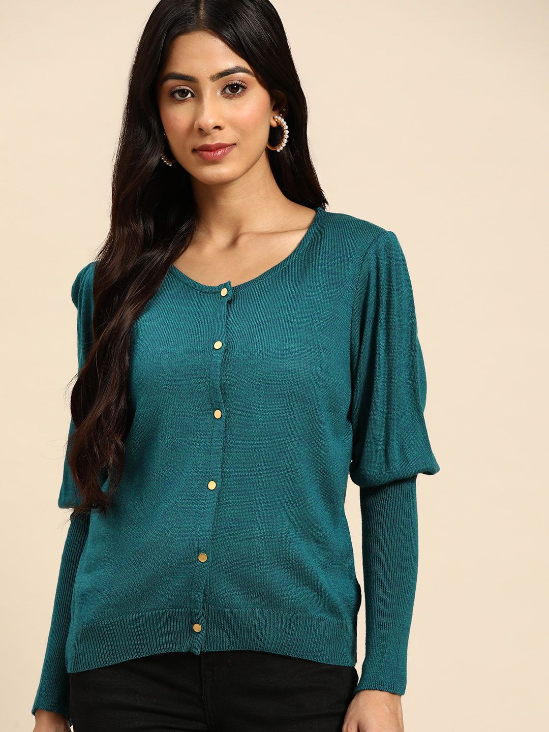 all about you Women Teal Blue Knitted Cardigan