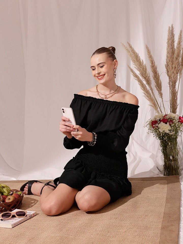 STREET 9 Off-Shoulder Smocked Georgette Layered A-Line Dress