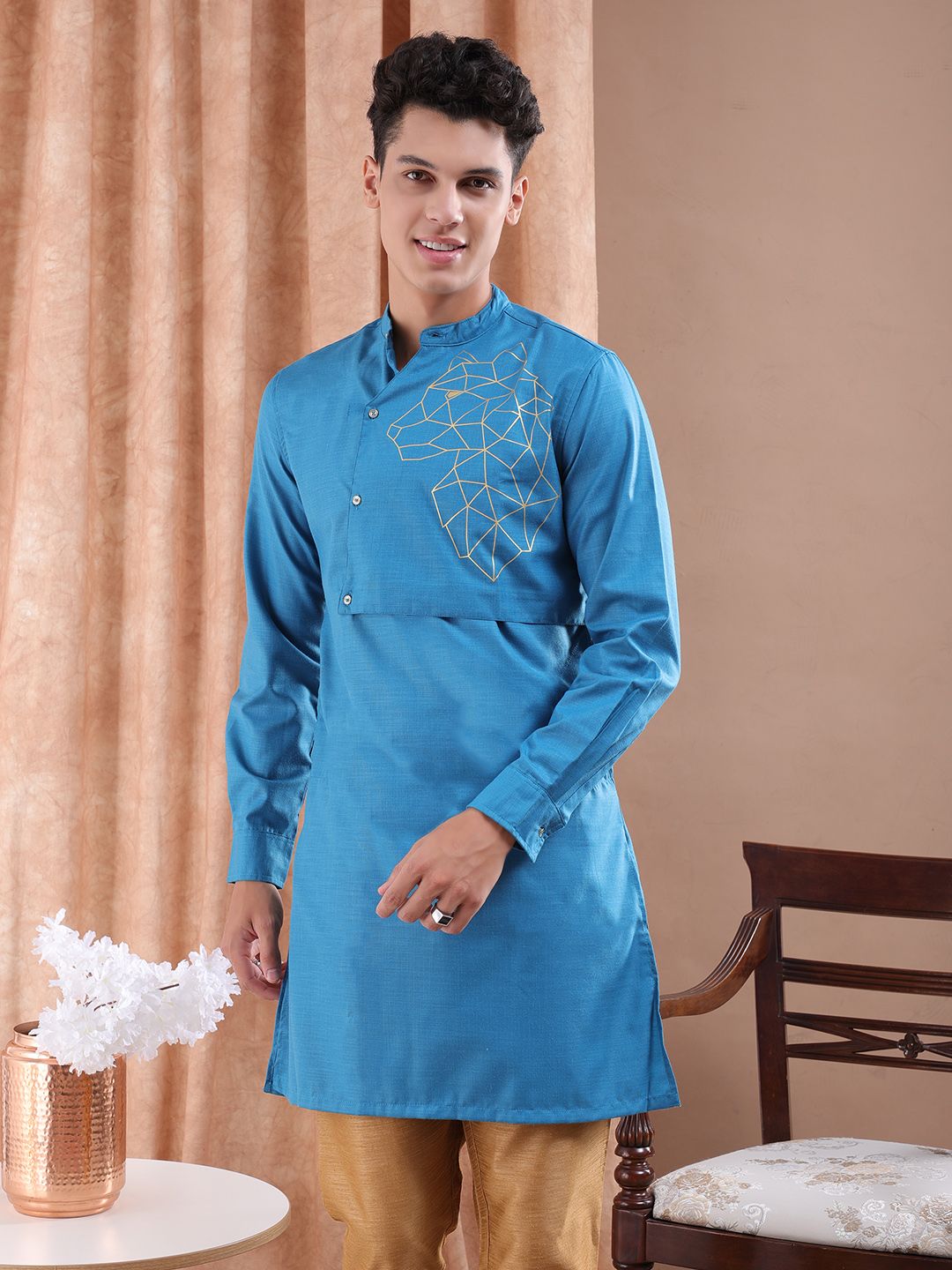 The Indian Garage Co Men Teal Blue Solid Angrakha Kurta with Printed Detail