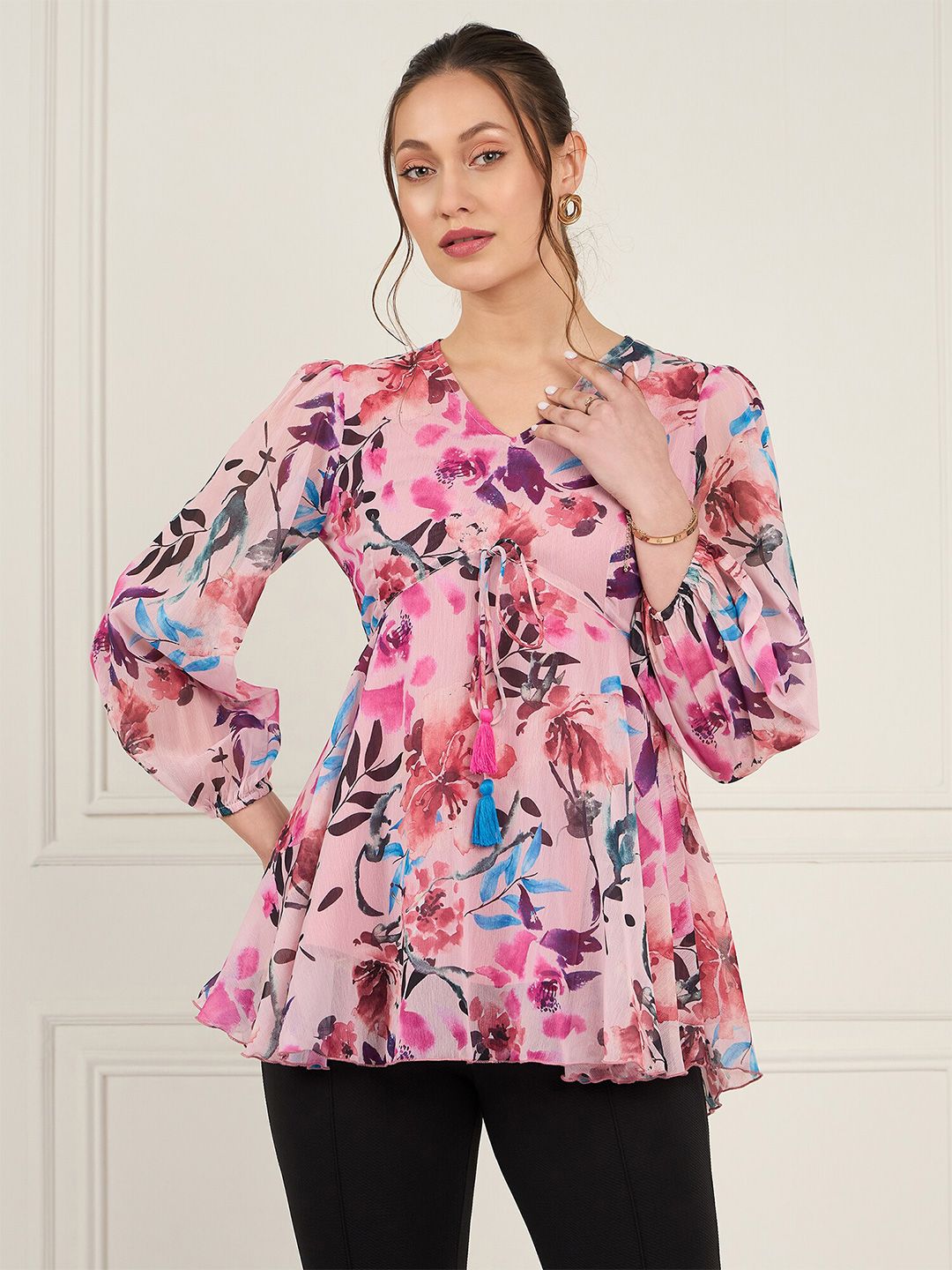Antheaa Floral Print Puff Sleeve Chiffon Empire Top