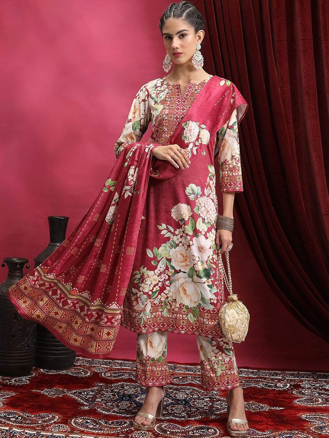 Vishudh Floral Printed Regular Notch Neck Kurta With Palazzos And Dupatta