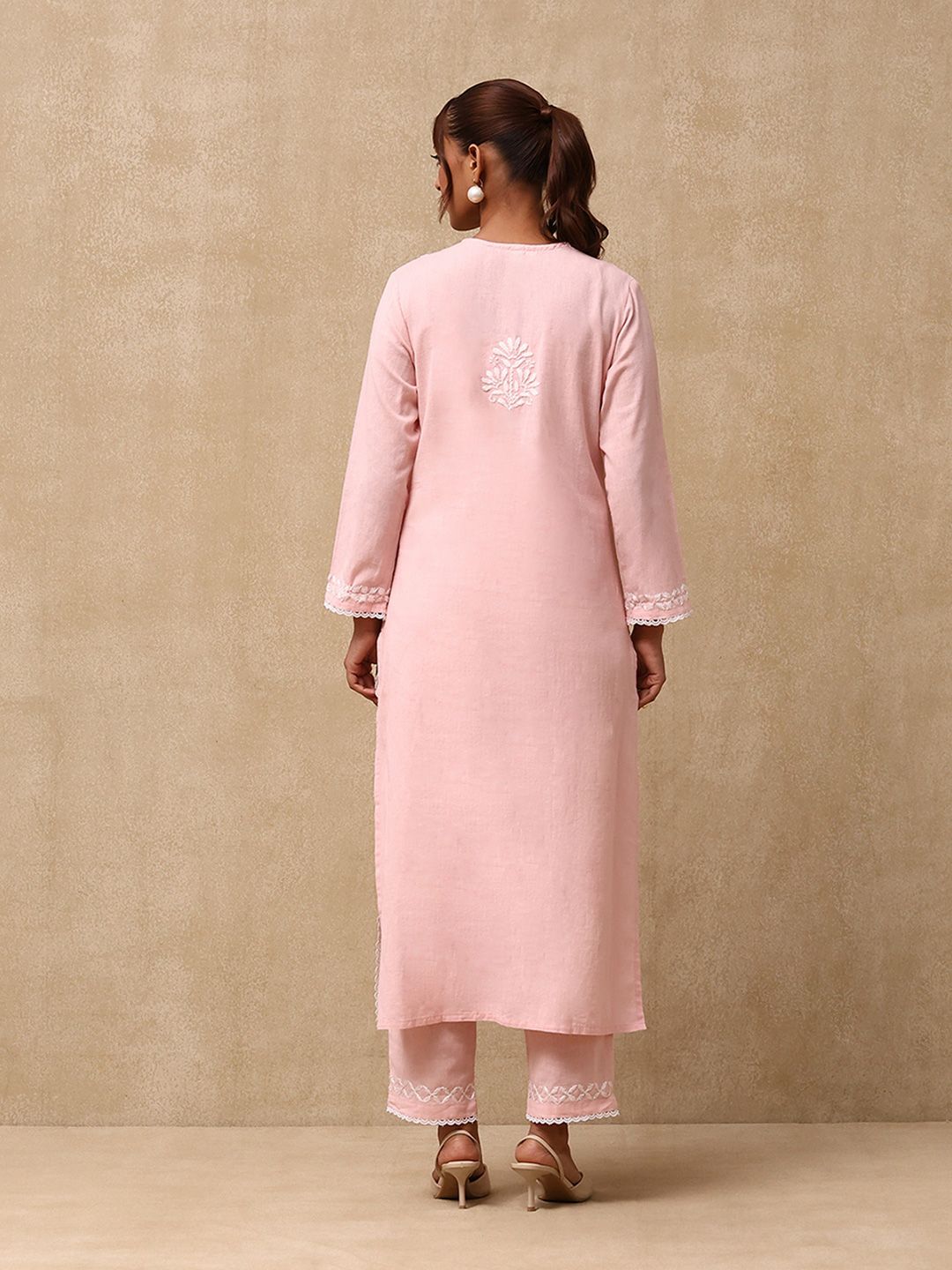 House of Chikankari Women Peach Cotton Chikankari Sulam Set Kurta