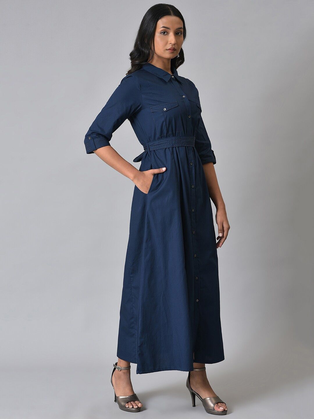 W Women Mandarin Collar Maxi Pure Cotton Dress With Fabric Belt