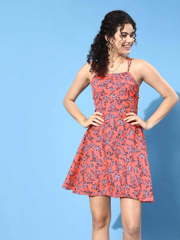 Berrylush Orange Floral Print Lace Up Back Crepe Dress