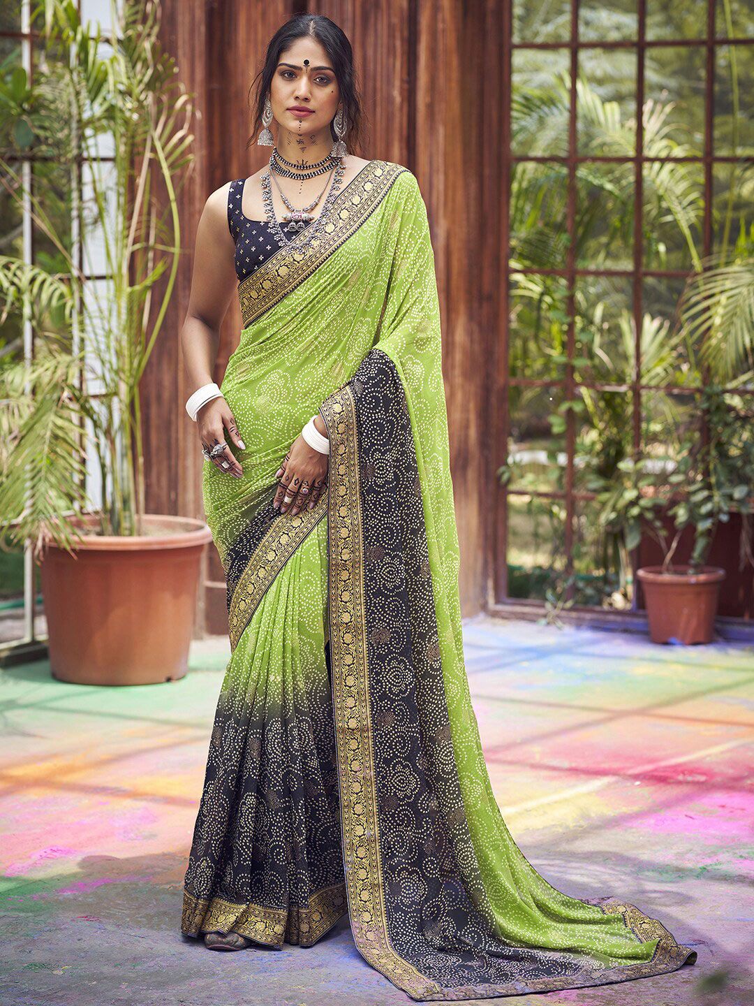 Saree mall Green Navy Blue Bandhani Printed Poly Georgette Sarees
