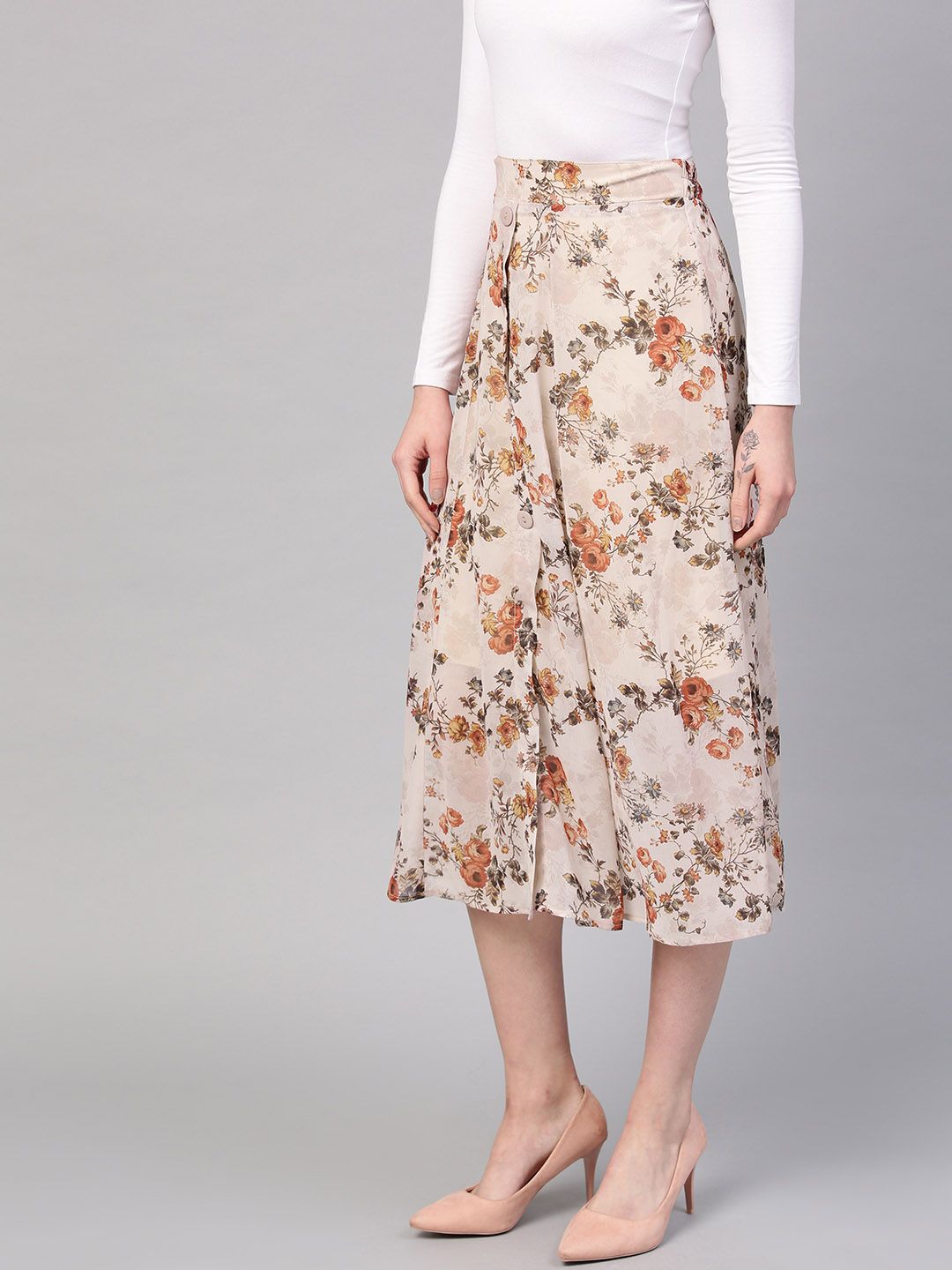 SASSAFRAS Beige & Orange Printed A-Line Skirt