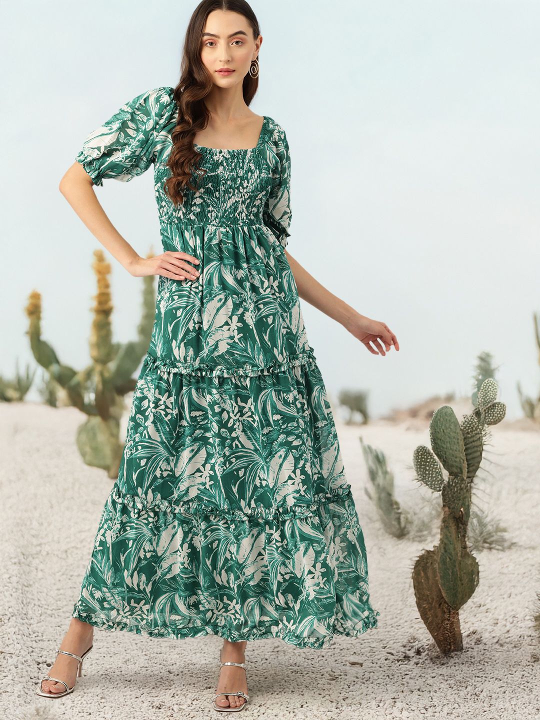 DressBerry Floral Print Puff Sleeves Smocked Tiered Maxi Dress